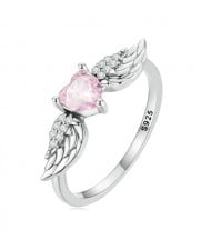 Fine Jewelry Cubic Zirconia Heart with Wing Design Wholesale Women 925 Sterling Silver Ring - Pink