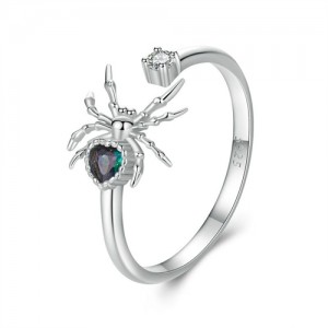 Fine Jewelry Green Heart Shape Spide Design Wholesale Women 925 Sterling Silver Ring