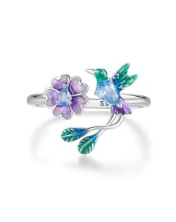 Fine Jewelry Blue Bird with Purple Flower Design Wholesale Women 925 Sterling Silver Ring