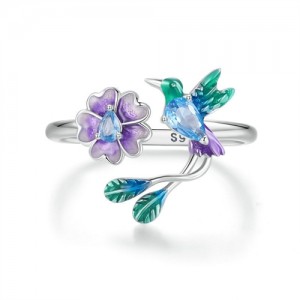 Fine Jewelry Blue Bird with Purple Flower Design Wholesale Women 925 Sterling Silver Ring