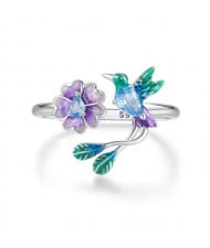 Fine Jewelry Blue Bird with Purple Flower Design Wholesale Women 925 Sterling Silver Ring