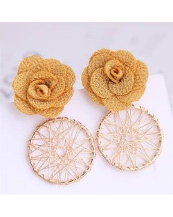 Cloth Flower with Golden Nets Hoop Design Women Wholesale Stud Earrings - Yellow