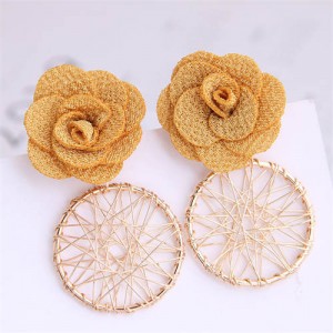 Cloth Flower with Golden Nets Hoop Design Women Wholesale Stud Earrings - Yellow