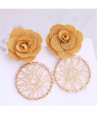 Cloth Flower with Golden Nets Hoop Design Women Wholesale Stud Earrings - Yellow