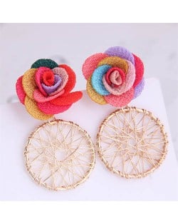 Cloth Flower with Golden Nets Hoop Design Women Wholesale Stud Earrings - Multicolor
