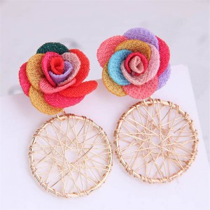 Cloth Flower with Golden Nets Hoop Design Women Wholesale Stud Earrings - Multicolor