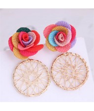 Cloth Flower with Golden Nets Hoop Design Women Wholesale Stud Earrings - Multicolor