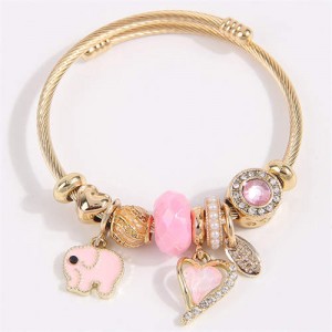 Elephant and Heart Lucky Charm Beads Fashion Wholesale Bracelet - Pink