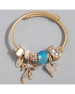 Heart and Bowknot Love Theme Lucky Charm Beads Wholesale Bracelet - Blue