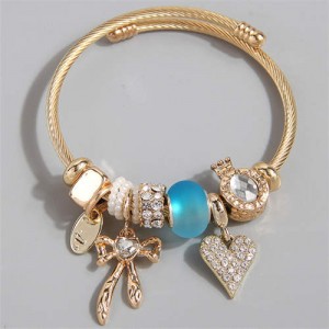 Heart and Bowknot Love Theme Lucky Charm Beads Wholesale Bracelet - Blue