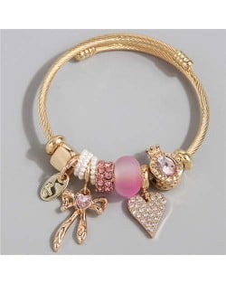 Heart and Bowknot Love Theme Lucky Charm Beads Wholesale Bracelet - Pink