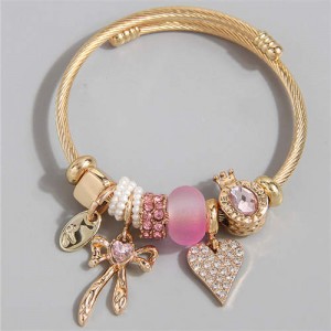Heart and Bowknot Love Theme Lucky Charm Beads Wholesale Bracelet - Pink