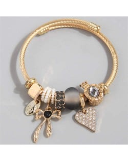 Heart and Bowknot Love Theme Lucky Charm Beads Wholesale Bracelet - Black