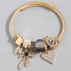 Heart and Bowknot Love Theme Lucky Charm Beads Wholesale Bracelet - Black