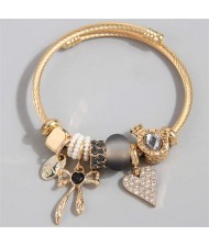 Heart and Bowknot Love Theme Lucky Charm Beads Wholesale Bracelet - Black