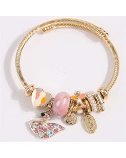 Swan and Heart Love Theme Lucky Charm Beads Wholesale Bracelet - Pink