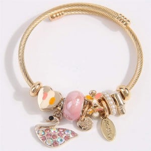 Swan and Heart Love Theme Lucky Charm Beads Wholesale Bracelet - Pink