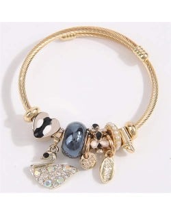 Swan and Heart Love Theme Lucky Charm Beads Wholesale Bracelet - Black