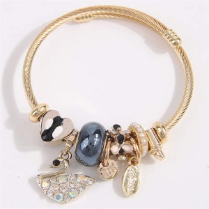 Swan and Heart Love Theme Lucky Charm Beads Wholesale Bracelet - Black