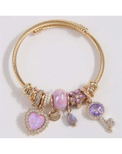 Key and Heart Love Fashion Lucky Charm Beads Wholesale Bracelet - Violet