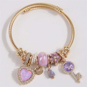 Key and Heart Love Fashion Lucky Charm Beads Wholesale Bracelet - Violet