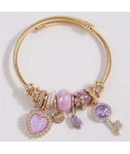 Key and Heart Love Fashion Lucky Charm Beads Wholesale Bracelet - Violet