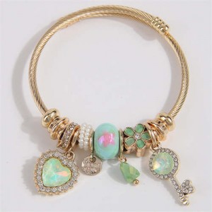 Key and Heart Love Fashion Lucky Charm Beads Wholesale Bracelet/ Bangle - Green
