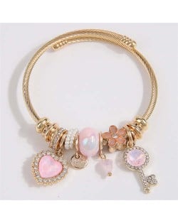 Key and Heart Love Fashion Lucky Charm Beads Wholesale Bracelet/ Bangle - Pink