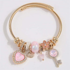 Key and Heart Love Fashion Lucky Charm Beads Wholesale Bracelet/ Bangle - Pink