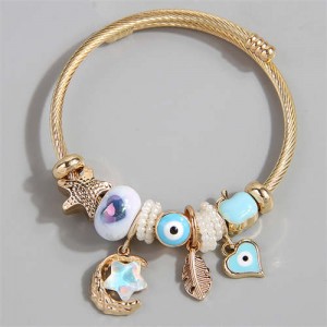 Evil Eye Feather Moon and Heart Fashion Lucky Charm Beads Wholesale Bracelet/ Bangle - Blue