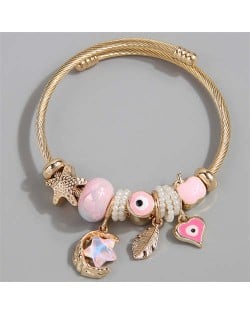 Evil Eye Feather Moon and Heart Fashion Lucky Charm Beads Wholesale Bracelet/ Bangle - Pink