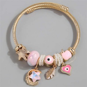 Evil Eye Feather Moon and Heart Fashion Lucky Charm Beads Wholesale Bracelet/ Bangle - Pink
