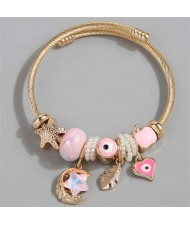 Evil Eye Feather Moon and Heart Fashion Lucky Charm Beads Wholesale Bracelet/ Bangle - Pink