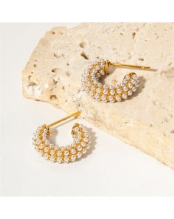 Full Pearl Beads Mini C Shape Design Fashion Jewelry Women Stainless Steel Wholesale Earrings