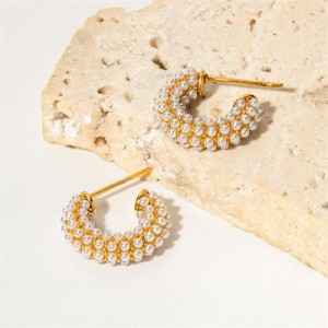 Full Pearl Beads Mini C Shape Design Fashion Jewelry Women Stainless Steel Wholesale Earrings