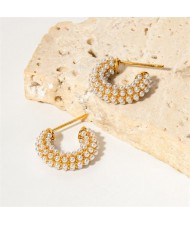 Full Pearl Beads Mini C Shape Design Fashion Jewelry Women Stainless Steel Wholesale Earrings