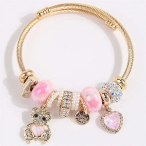 Bear and Heart Fashion Lucky Charm Beads Wholesale Bracelet/ Bangle - Pink