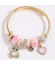 Bear and Heart Fashion Lucky Charm Beads Wholesale Bracelet/ Bangle - Pink