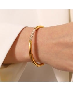 Rhinestone Inlaid Open-end Design Wholesale Jewelry Fashion Women Stainless Steel Bangle - White