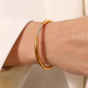 Rhinestone Inlaid Open-end Design Wholesale Jewelry Fashion Women Stainless Steel Bangle - White