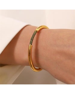 Rhinestone Inlaid Open-end Design Wholesale Jewelry Fashion Women Stainless Steel Bangle - Green