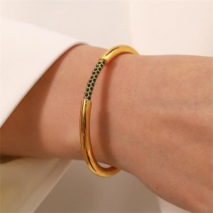 Rhinestone Inlaid Open-end Design Wholesale Jewelry Fashion Women Stainless Steel Bangle - Green