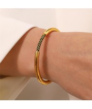 Rhinestone Inlaid Open-end Design Wholesale Jewelry Fashion Women Stainless Steel Bangle - Green