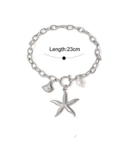 Sea Style Starfish and Pearl Pendant Design Wholesale Jewelry Fashion Women Stainless Steel Bracelet - Silver