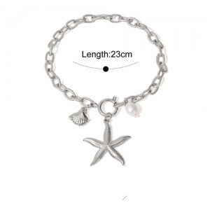 Sea Style Starfish and Pearl Pendant Design Wholesale Jewelry Fashion Women Stainless Steel Bracelet - Silver