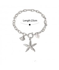 Sea Style Starfish and Pearl Pendant Design Wholesale Jewelry Fashion Women Stainless Steel Bracelet - Silver