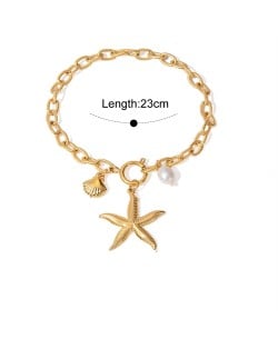 Sea Style Starfish and Pearl Pendant Design Wholesale Jewelry Fashion Women Stainless Steel Bracelet - Golden