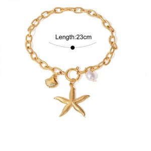Sea Style Starfish and Pearl Pendant Design Wholesale Jewelry Fashion Women Stainless Steel Bracelet - Golden