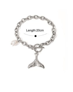 Sea Style Fish Tail and Pearl Pendant Design Wholesale Jewelry Fashion Women Stainless Steel Bracelet - Silver