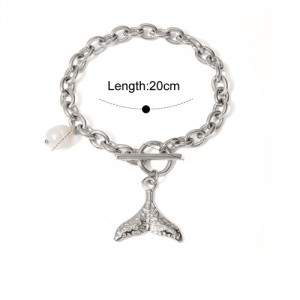 Sea Style Fish Tail and Pearl Pendant Design Wholesale Jewelry Fashion Women Stainless Steel Bracelet - Silver